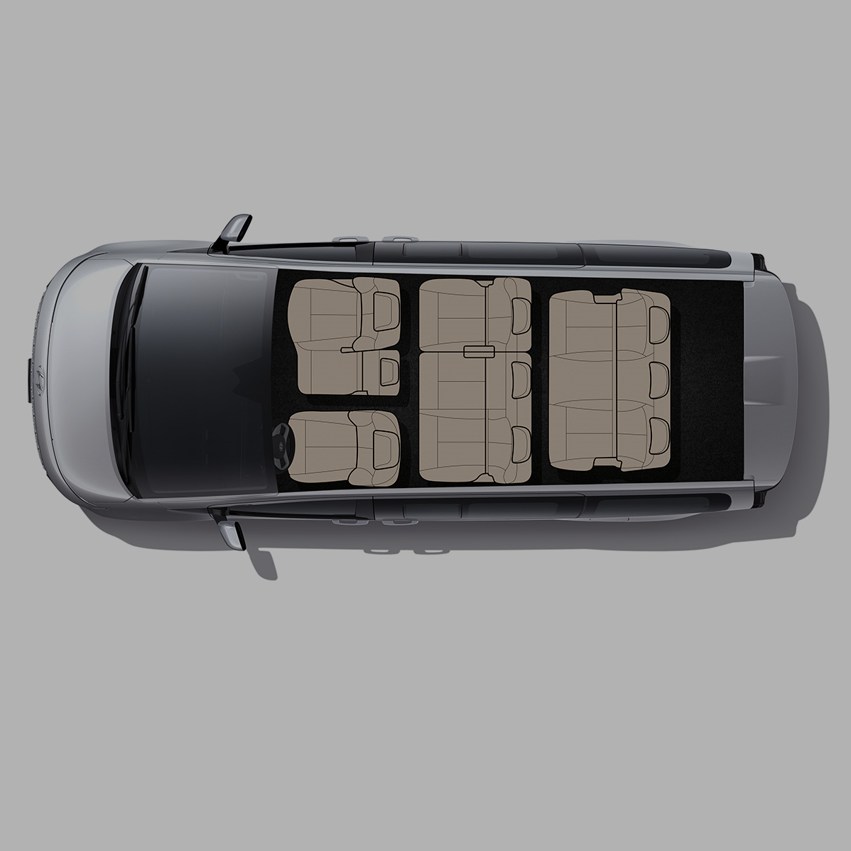 An aerial view of a van with a lot of seats. Staria