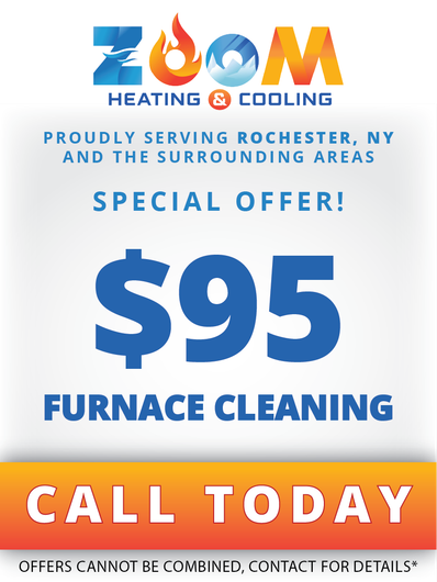 Zoom Heating & Cooling ad offering $95 furnace cleaning with “Call today” in blue and orange.