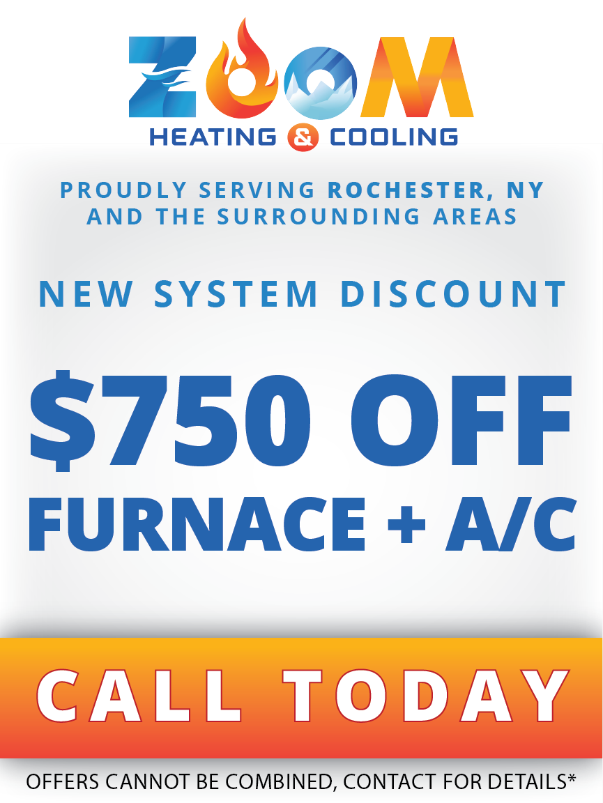 Zoom Heating & Cooling ad: $750 off new furnace and A/C, call today, blue and orange design