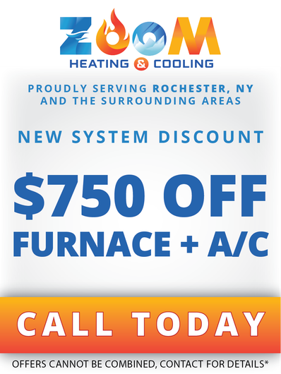 Zoom Heating & Cooling ad: $750 off new furnace and A/C, call today, blue and orange design