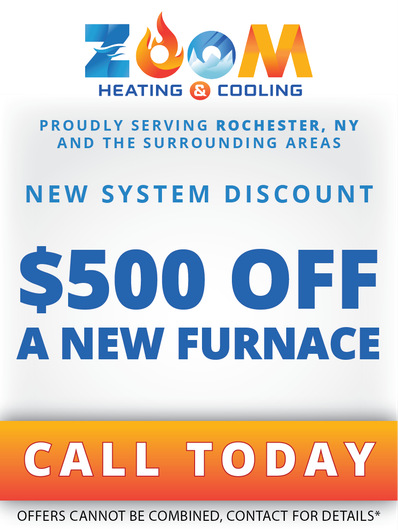 Zoom Heating & Cooling ad: New system discount, $500 off a new furnace, call today.