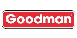 A red and white goodman logo on a white background.