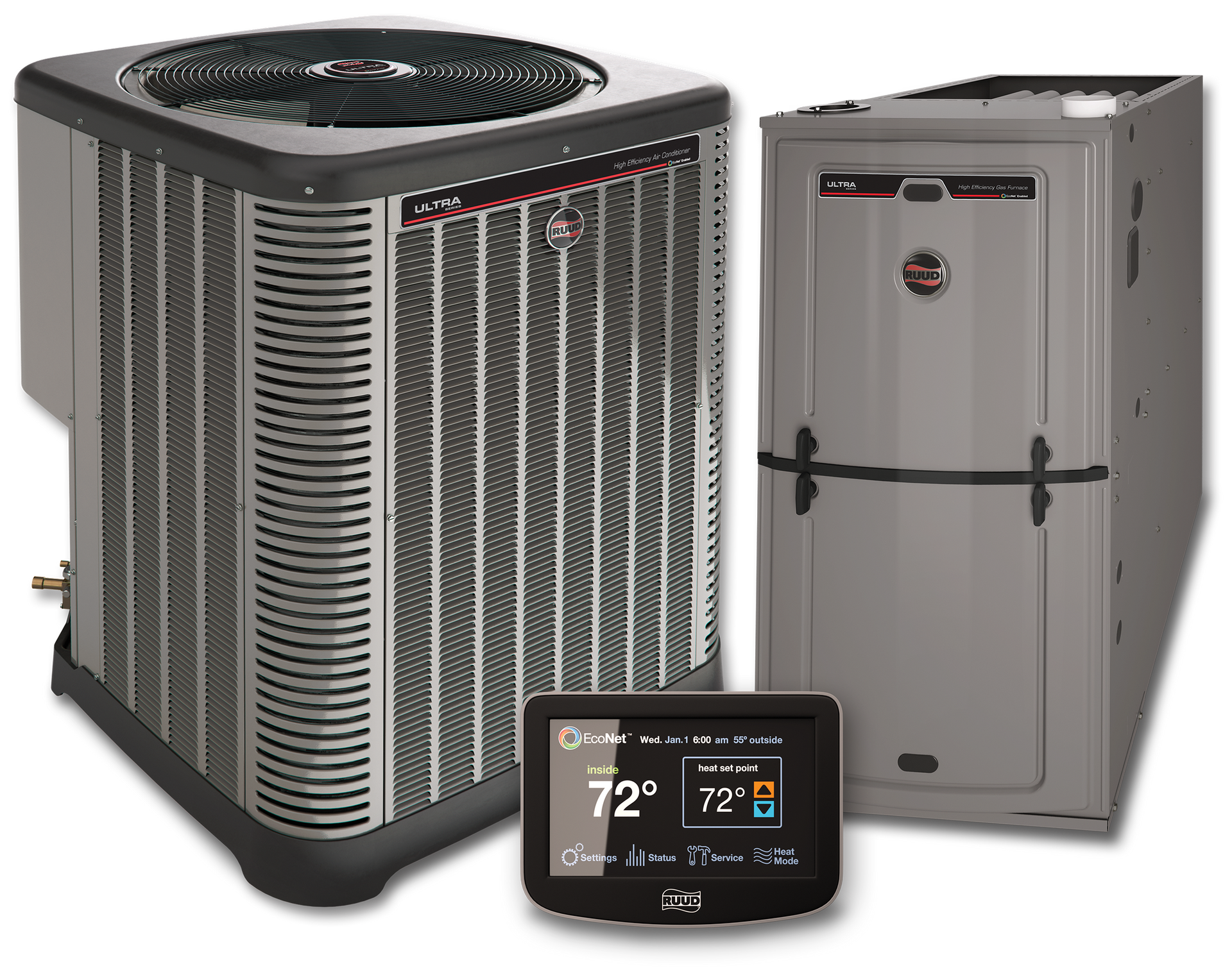 A picture of an air conditioner , a furnace , and a thermostat.