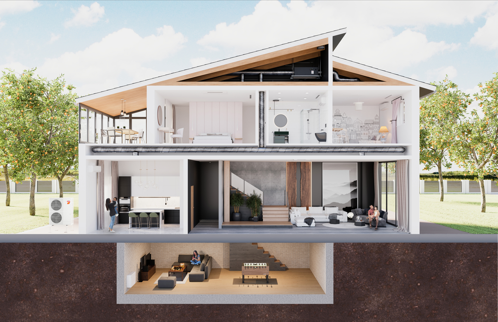 An artist 's impression of a house cut in half.