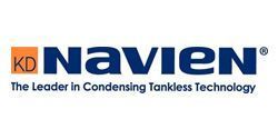 The logo for kd navien is the leader in condensing tankless technology.