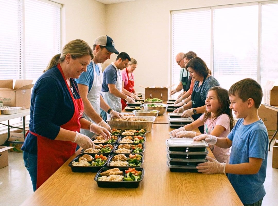 volunteers helping meal prep