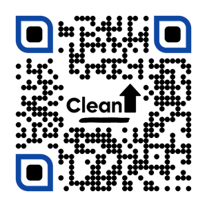 A qr code that says clean with an arrow pointing up. CleanUP (972)-372-4672