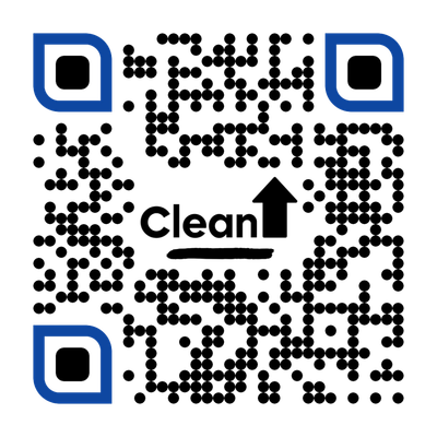 A qr code that says clean with an arrow pointing up. CleanUP (972)-372-4672