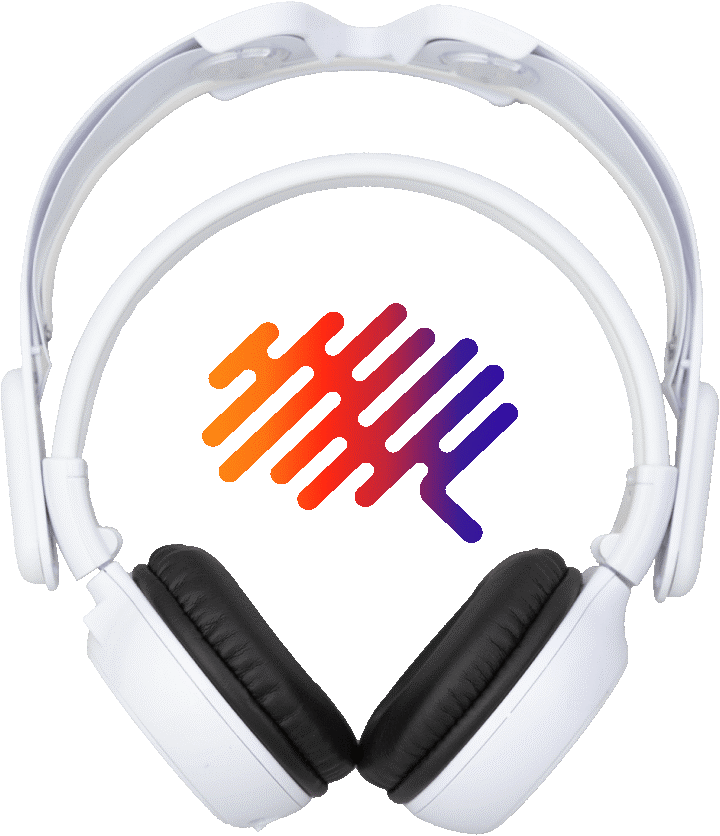 A pair of white headphones with a colorful logo on them