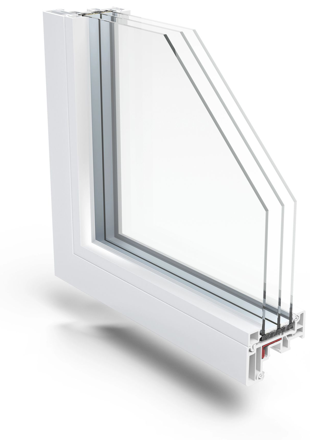 Marco de ventana transparente de doble acristalamiento con un panel abatible sobre fondo blanco.