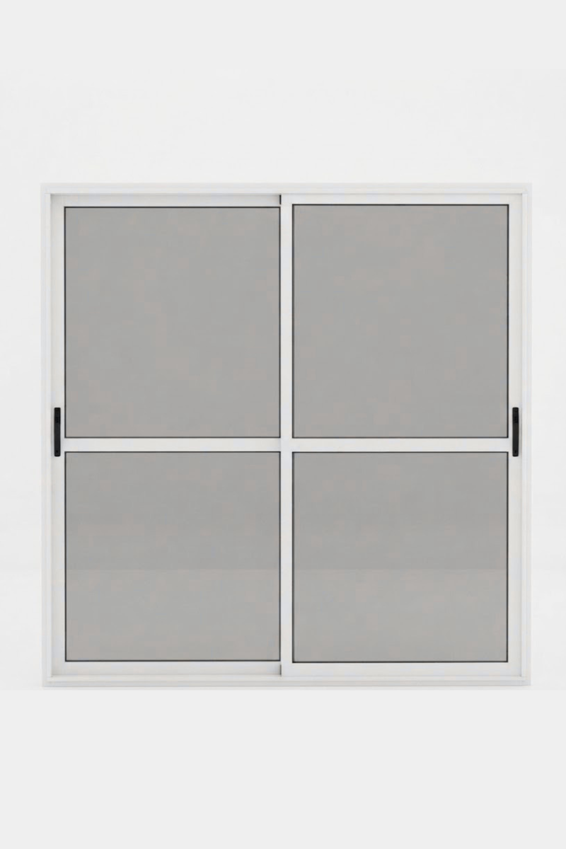 Ventana cerrada de cuatro paneles con marco blanco y cristal gris o persianas.