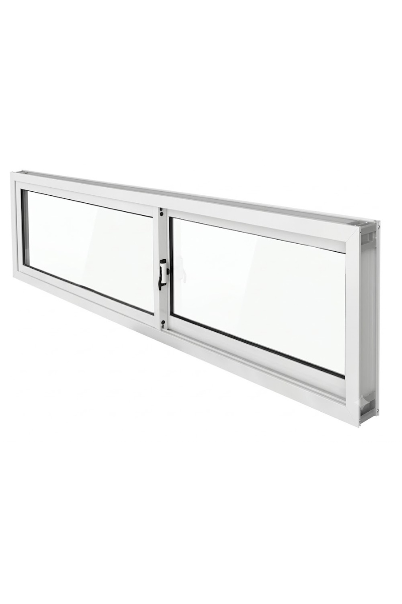 Marco de ventana horizontal rectangular blanco de doble panel con pestillo central sobre fondo liso.