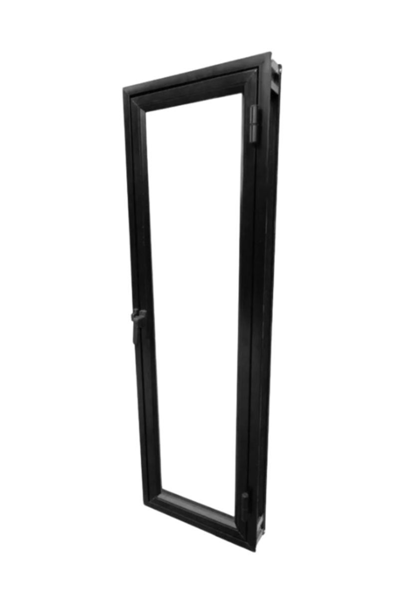 Puerta de cristal con marco negro y un estrecho panel de ventana vertical.