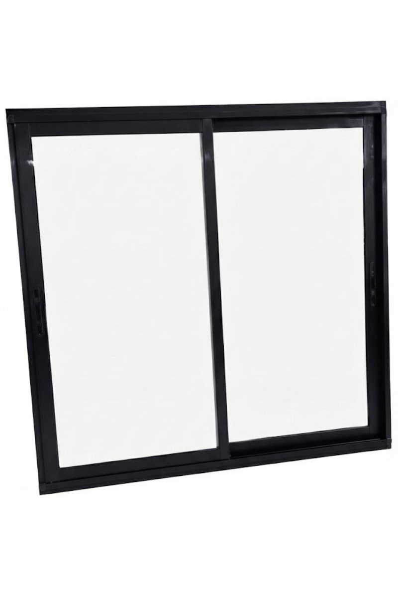Ventana corredera blanca con dos paneles de vidrio y manijas negras.