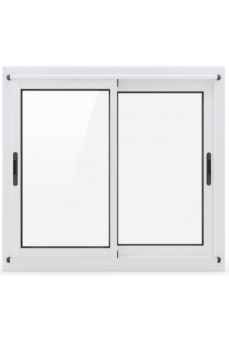 Ventana corredera blanca con dos paneles de vidrio y manijas negras.