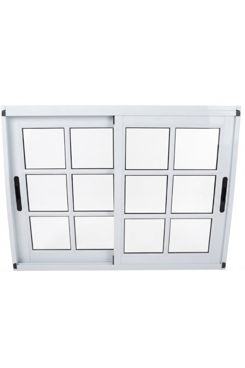 Ventana con marco negro y múltiples secciones de vidrio con paneles blancos sobre un fondo blanco liso.