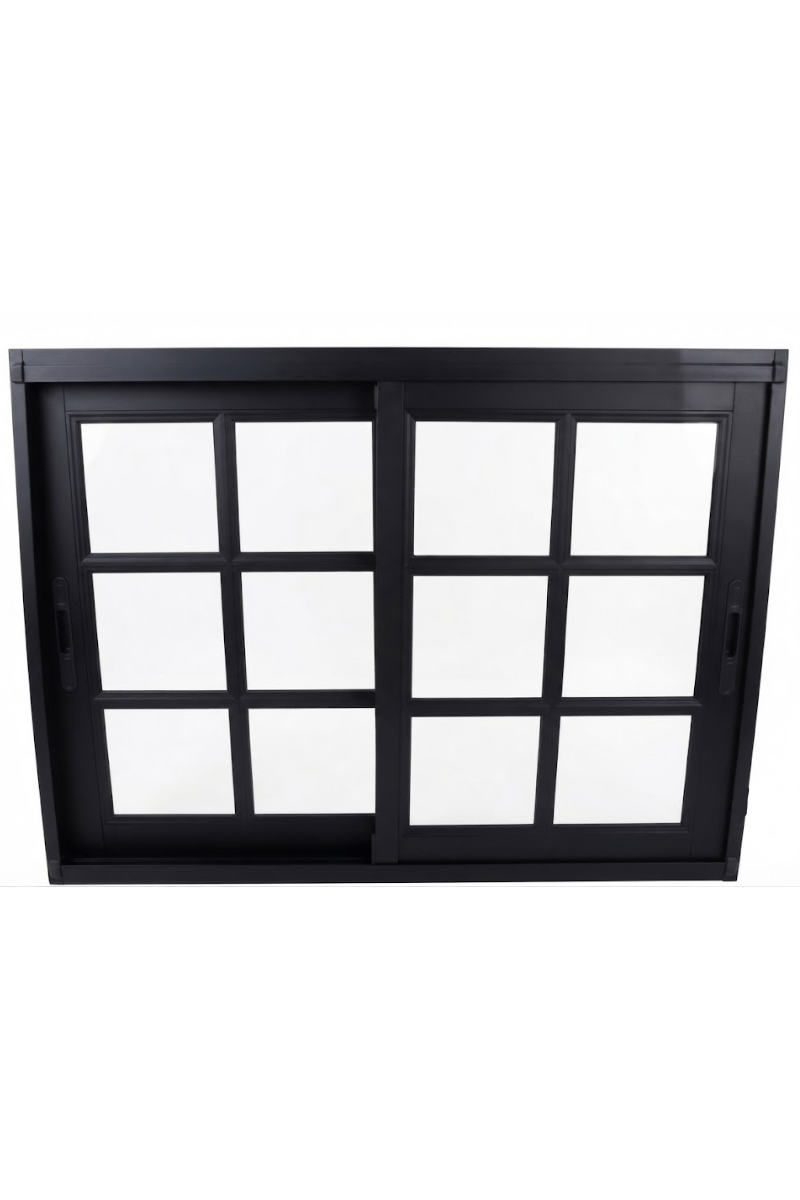 Ventana con marco negro y múltiples secciones de vidrio con paneles blancos sobre un fondo blanco liso.