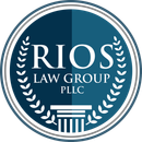 Blue and white Rios Law Group logo. Circular, with laurel and column designs.
