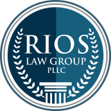 Blue and white Rios Law Group logo. Circular, with laurel and column designs.