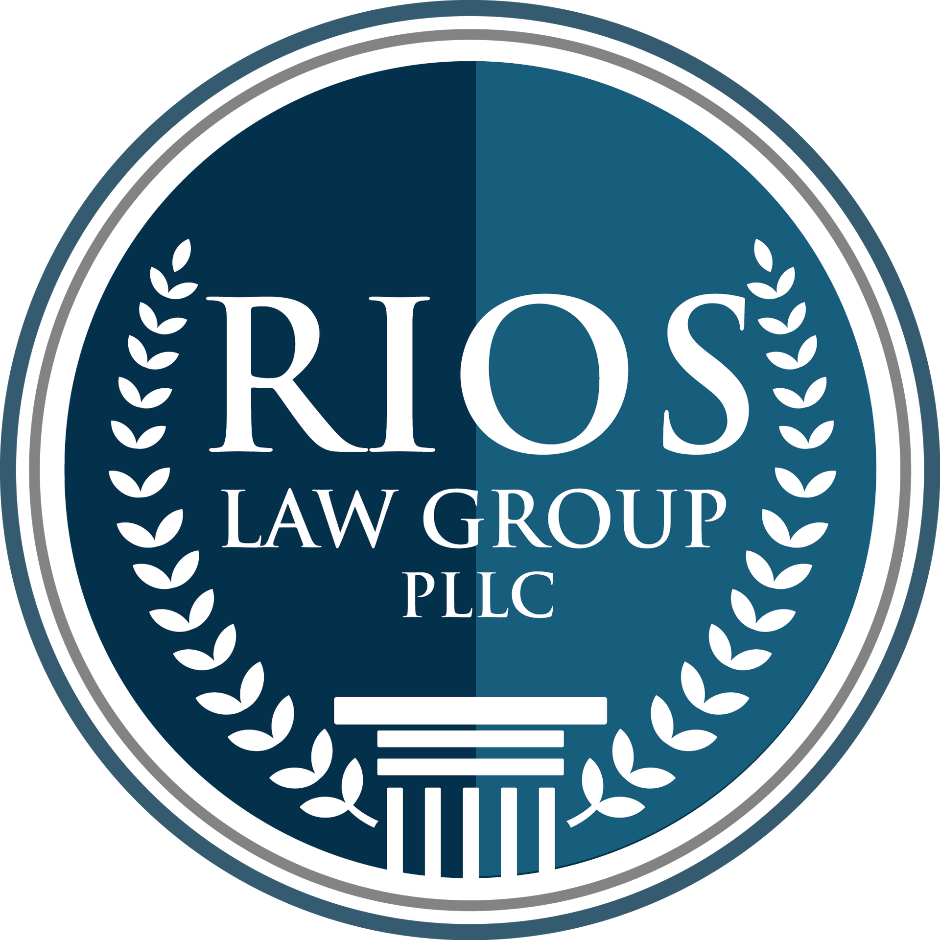Blue and white Rios Law Group logo. Circular, with laurel and column designs.