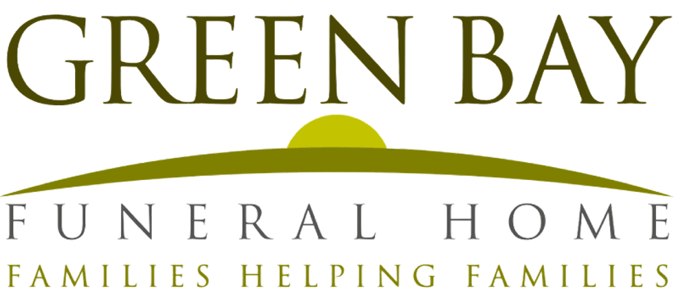 Green Bay Funeral Home logo with olive-green text and a curved line over the tagline “Families Helping Families”