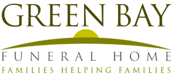 Green Bay Funeral Home logo with olive-green text and a curved line over the tagline &ldquo;Families Helping Families&rdquo;