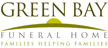 Green Bay Funeral Home logo with olive-green text and a curved line over the tagline &ldquo;Families Helping Families&rdquo;