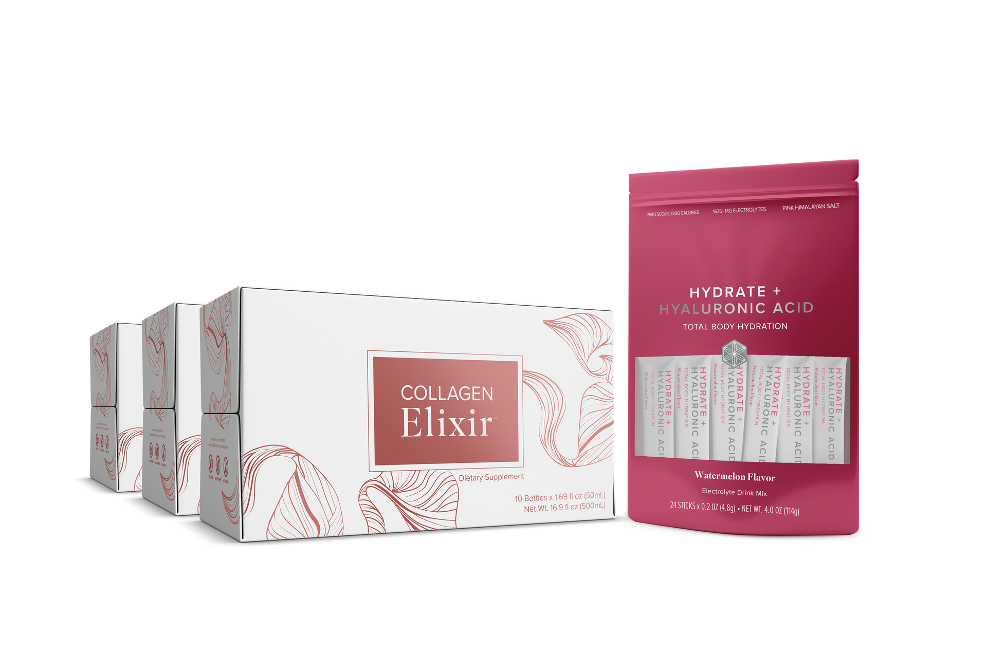 A box of collagen elixir next to a bag of collagen elixir.