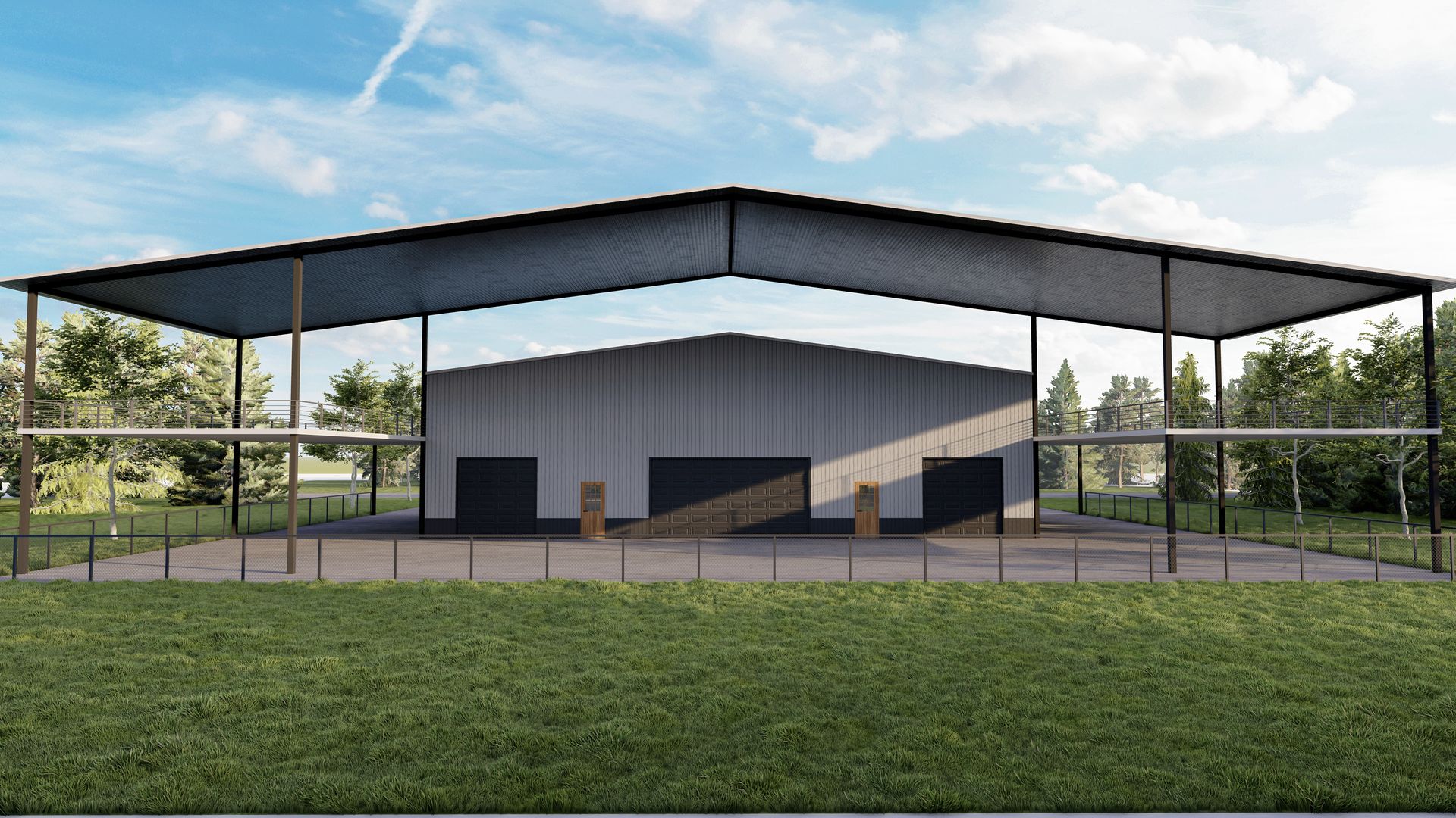 A large metal building with an overhanging roof, three black doors, and a surrounding fence, set in a grassy area with trees.