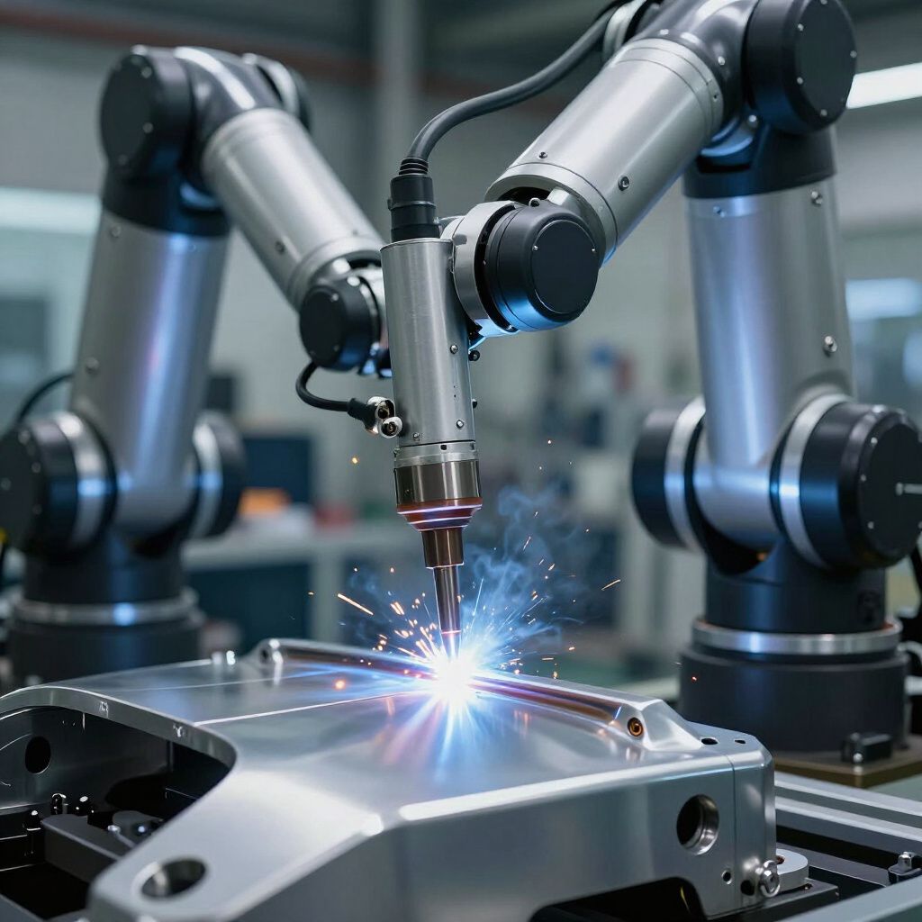 Robotic arms welding metal, sparks flying, industrial setting.