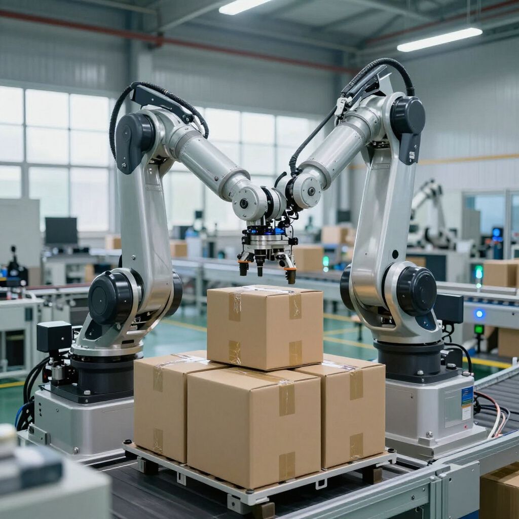 Two robotic arms stacking cardboard boxes in a factory setting.