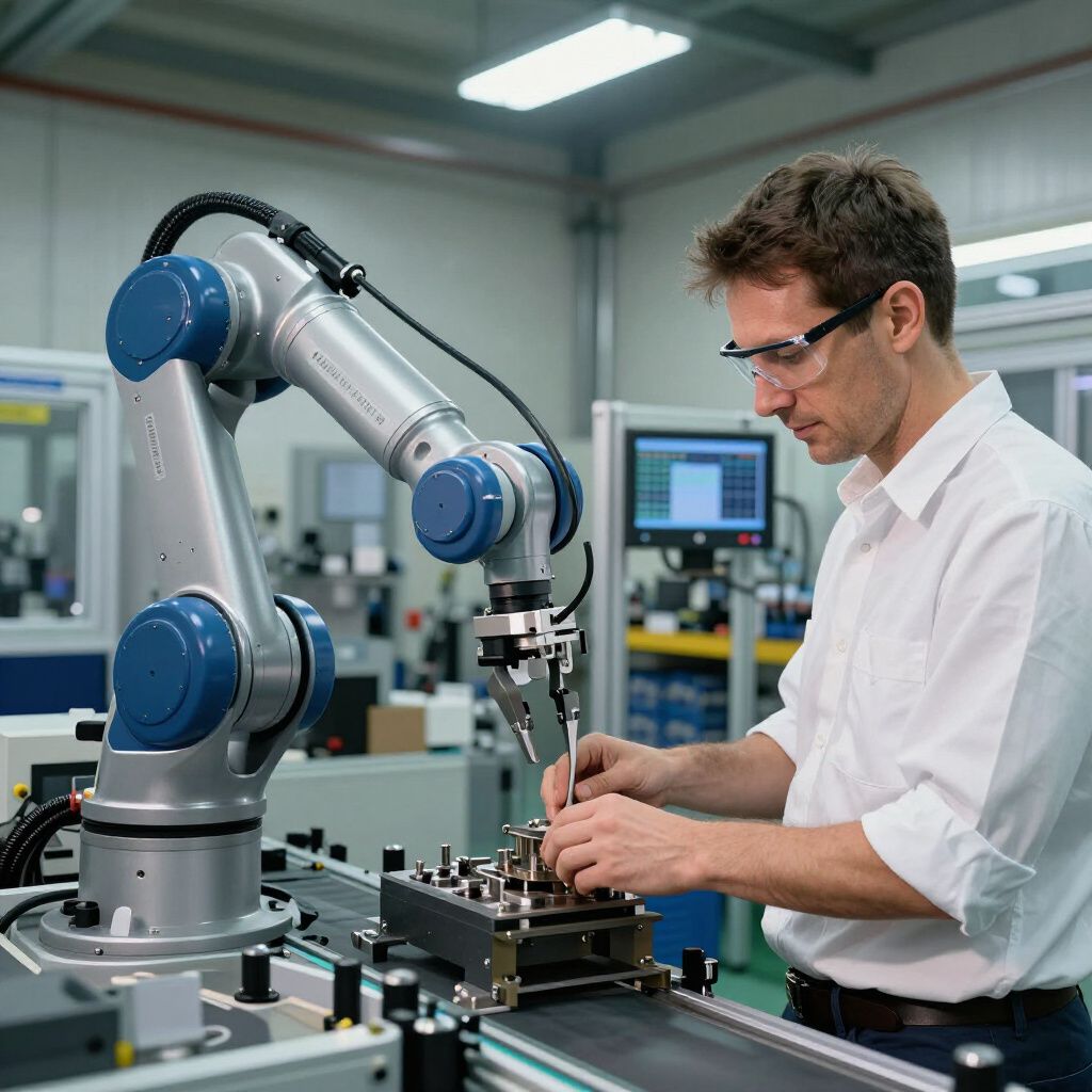 Man in safety glasses working with a robotic arm in a factory.