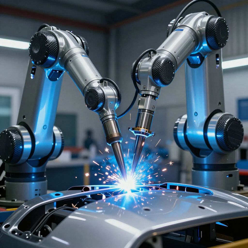 Two welding robots welding a car part in a factory. Bright sparks and blue light.