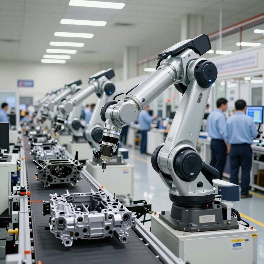 Robotic arms on an assembly line in a factory, working on metal machine parts.