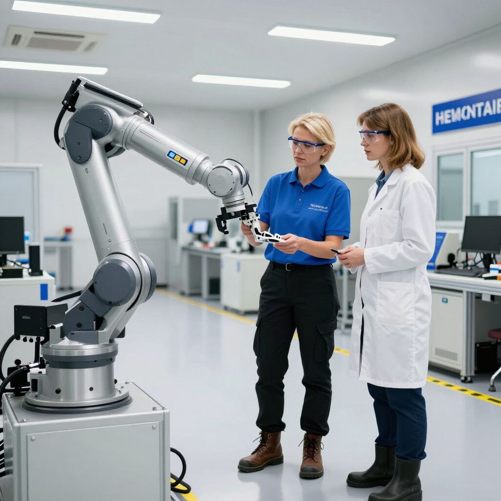 Two women in a lab setting working with a robotic arm, wearing safety glasses.