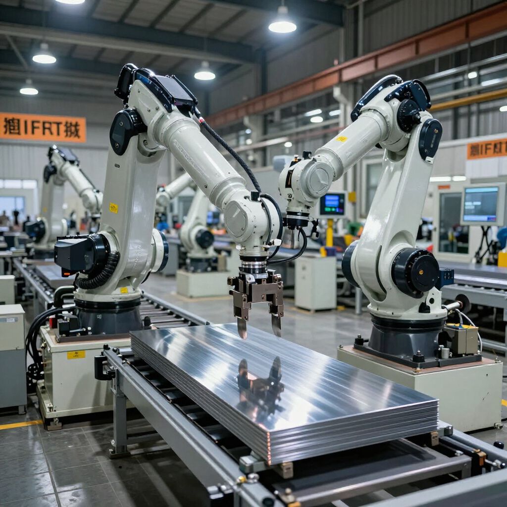 Robotic arms working in a factory, picking up metal sheets from a conveyor belt.