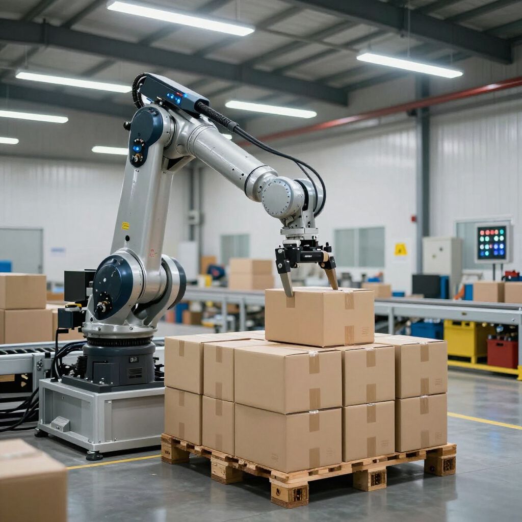 Robotic arm placing a cardboard box onto a stack of boxes in a warehouse.