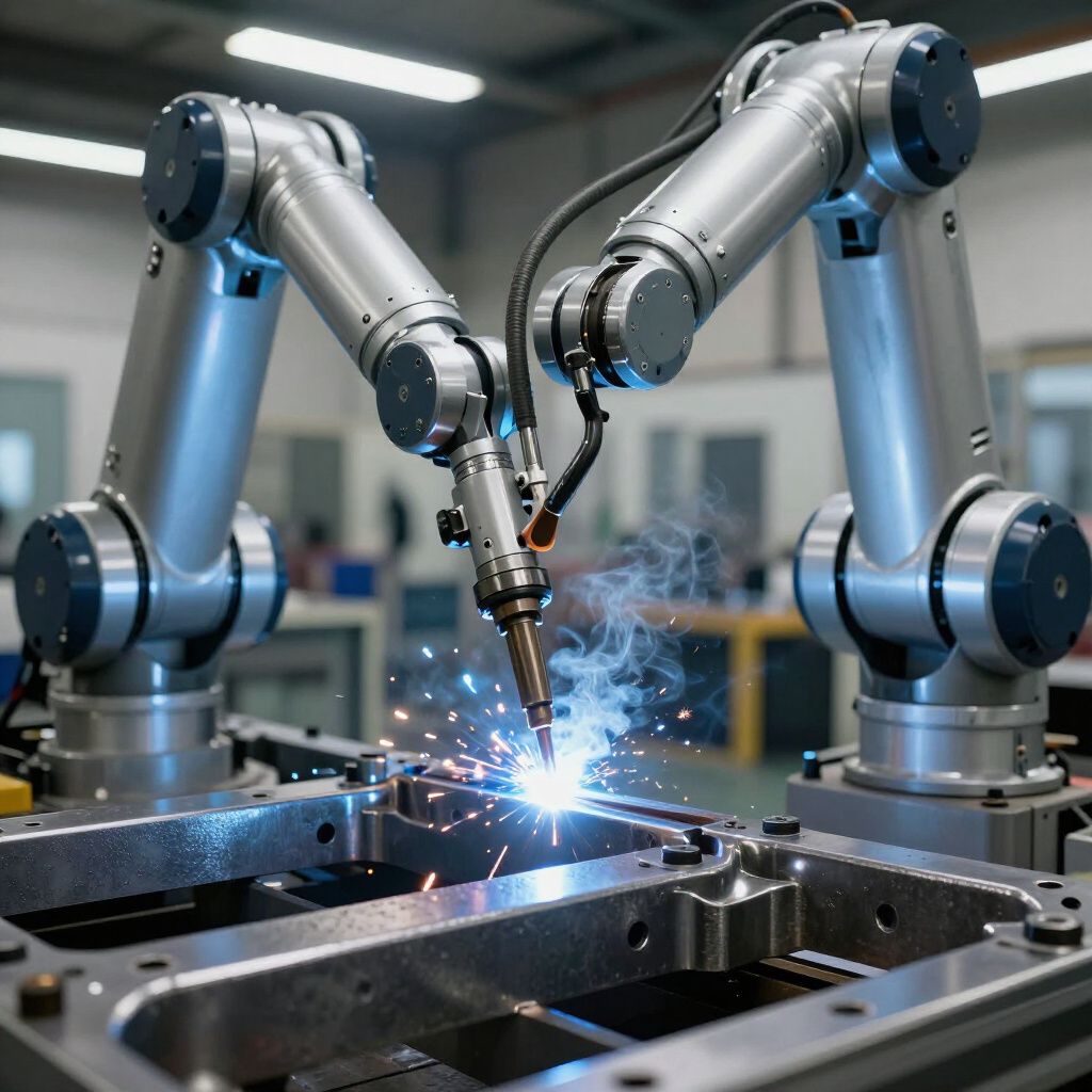 Two silver robotic arms welding metal in a factory setting, creating sparks.
