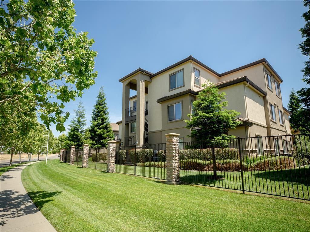 Exterior view of a modern apartment building with landscaped lawn, trees, and a black metal fence at Wolf Ranch Apartments.