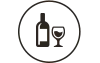 Bottle of wine and a wine glass inside a white circle.