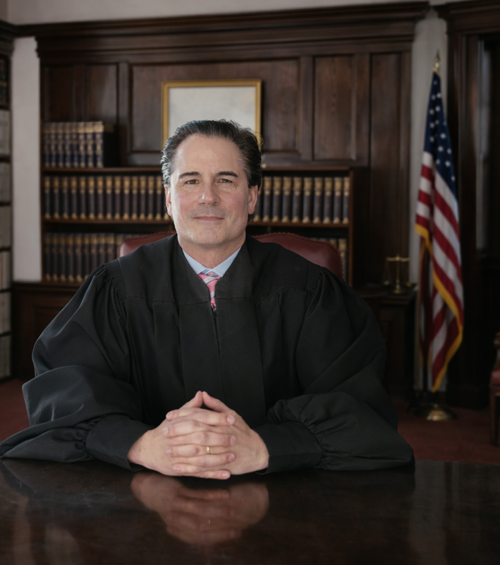 Judge in robe, seated at a desk, hands clasped. American flag behind him in courtroom setting.