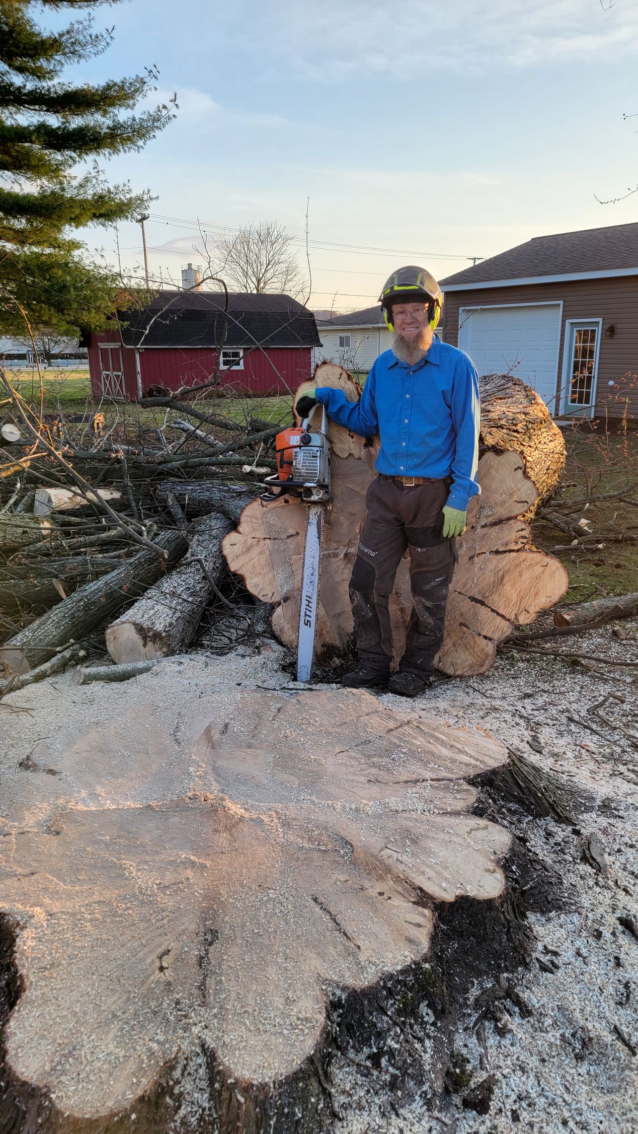 A man is standing next to a large tree stump with a chainsaw.
