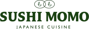 SUSHI MOMO Japanese Cuisine logo in dark green with two sushi icons above the name