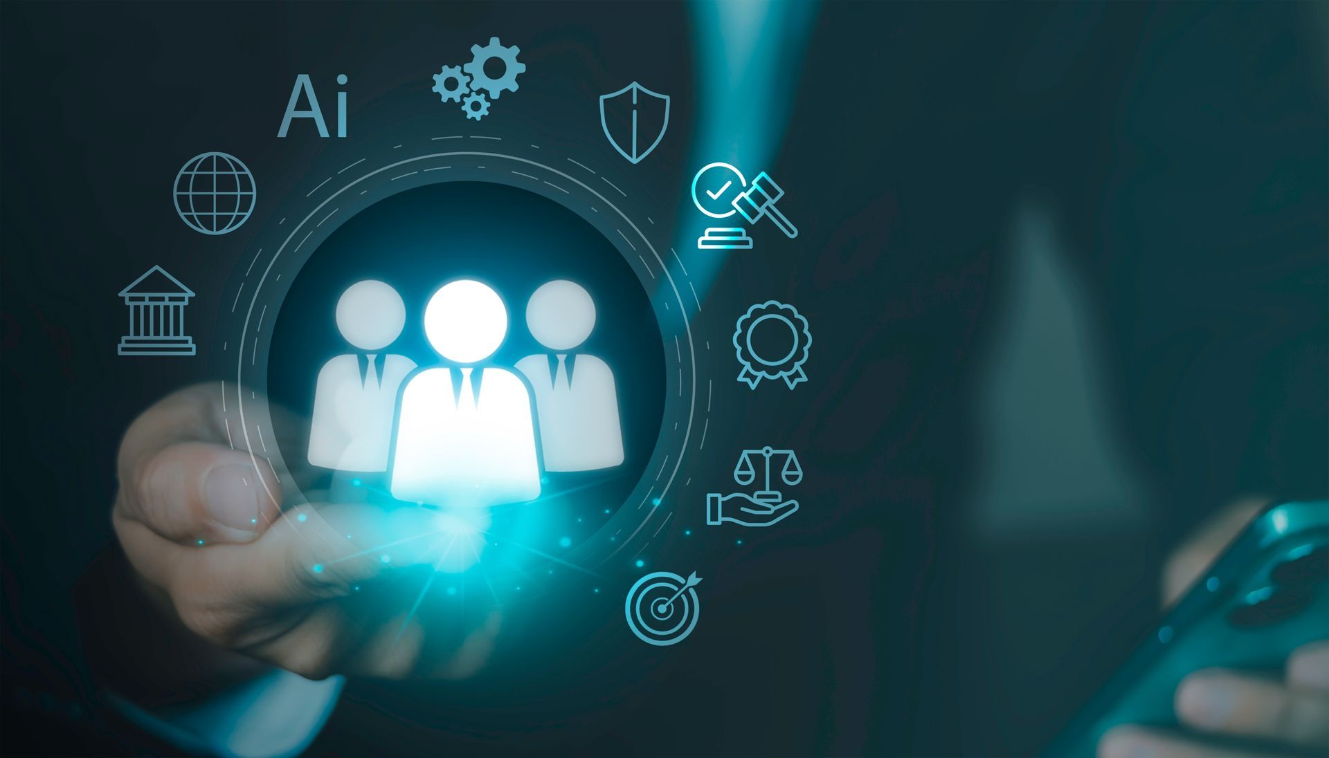 Glowing team icon in hand with AI and business symbols on a dark digital interface