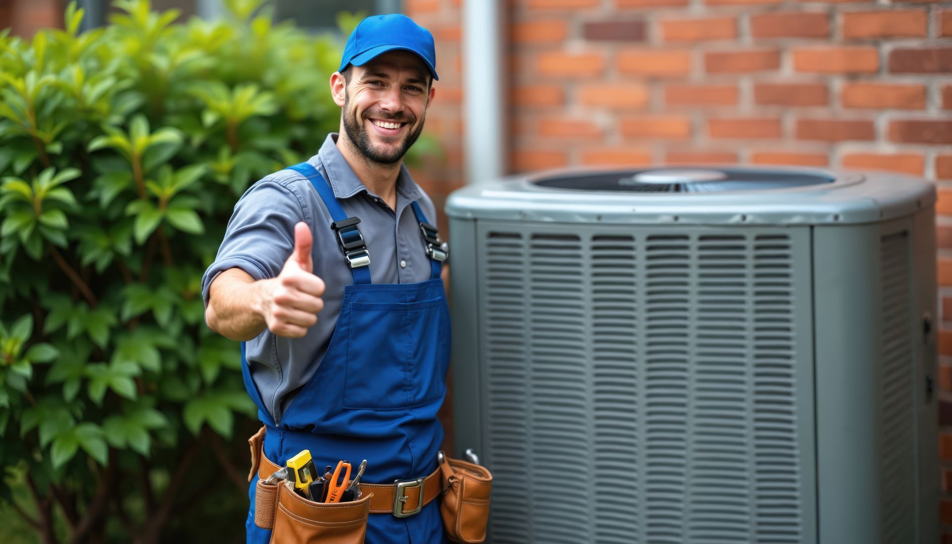 Happy HVAC technician shows thumbs up near AC unit.