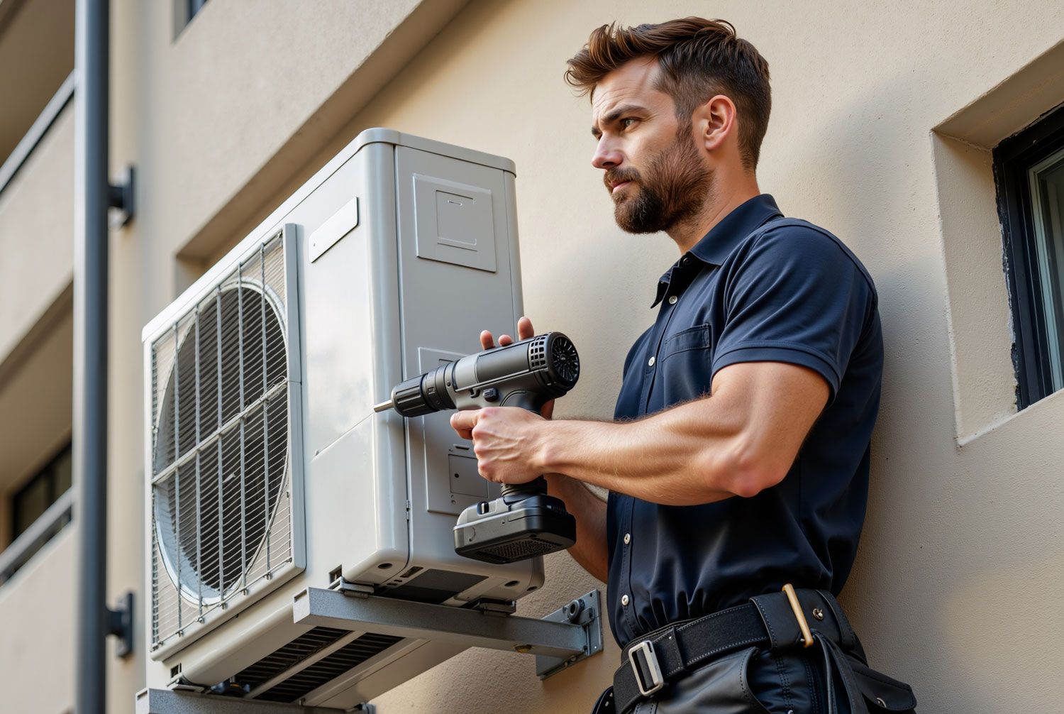 Air conditioner installation contractor installing outdoor AC unit on residential building wall.