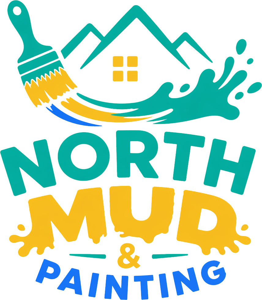 North Mud Painting logo with teal house, paintbrush, splash, and yellow-blue lettering