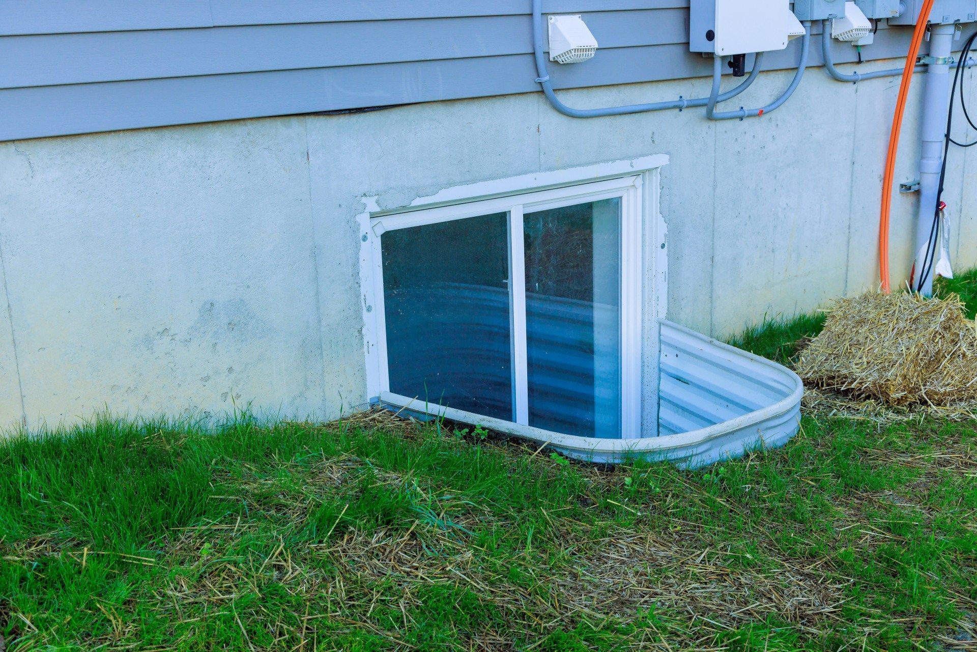 Basement window well beside a house, with blue siding and grass in the yard.