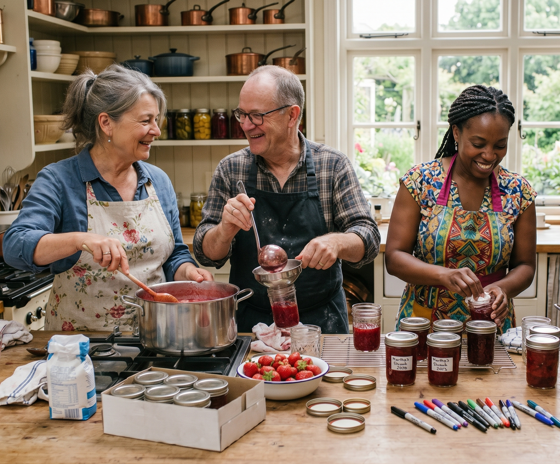 Three people making jam together in a bright kitchen, stirring pots and filling jars on the counter.