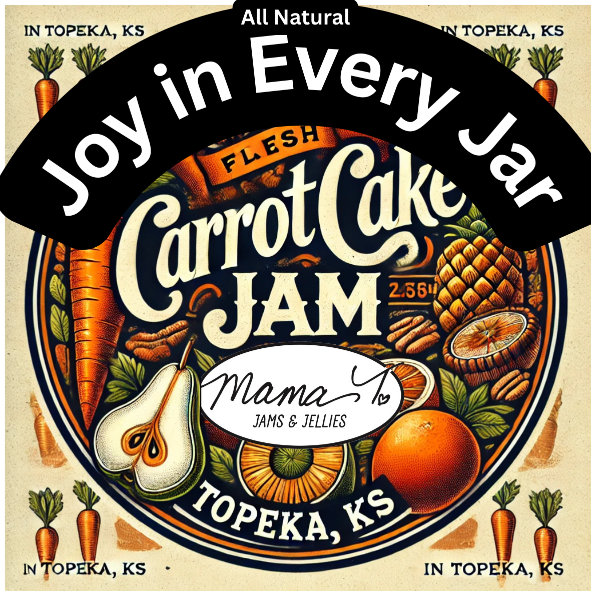 A label for carrot cake jam that says joy in every jar